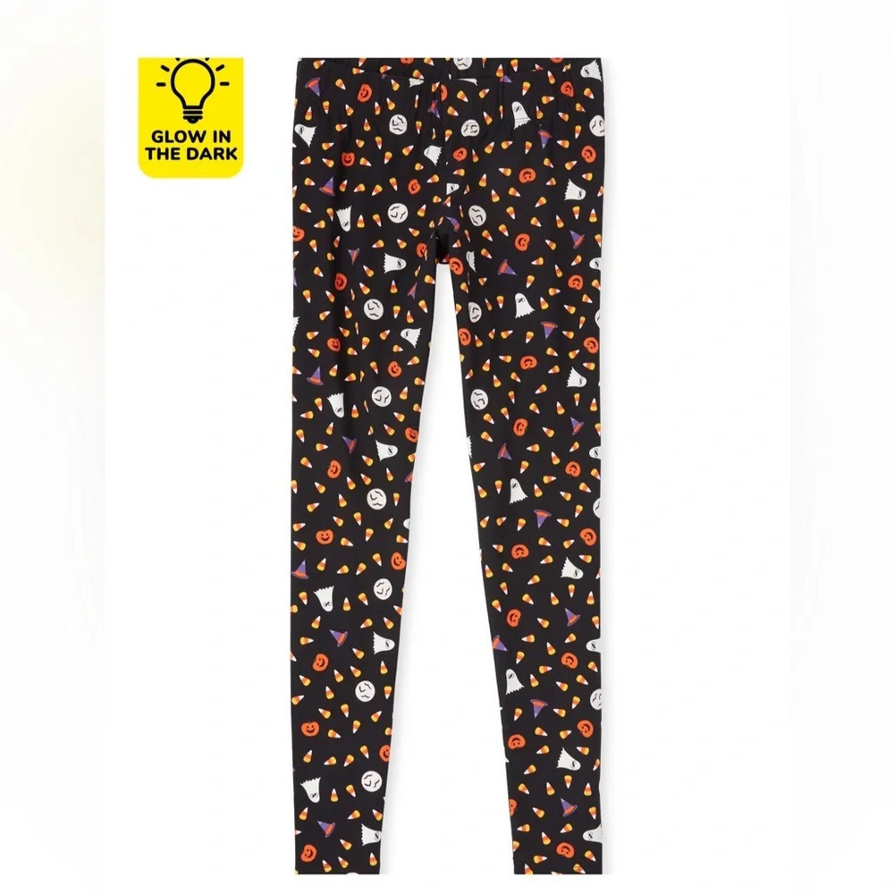 Childrens Place Womens Mommy Black‎ Orange Pumpkin Halloween Glow Leggings Large